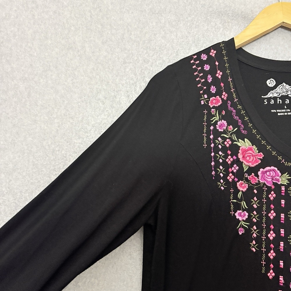 SAHALIE Womens Embroidered Top Size Large Black Bohemian Hippie Gypsy Long Slv - Picture 4 of 6